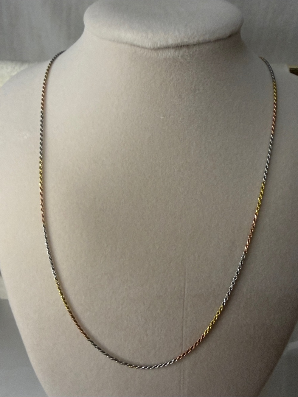 Stamped Sterling Silver 22” Tri-Tone Twisted Rope Necklace - Gold, Silver & Rose